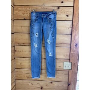 Guess Kate Skinny Jeans Womens 24 Blue Distressed Studded Rhinestone Low Rise Y2